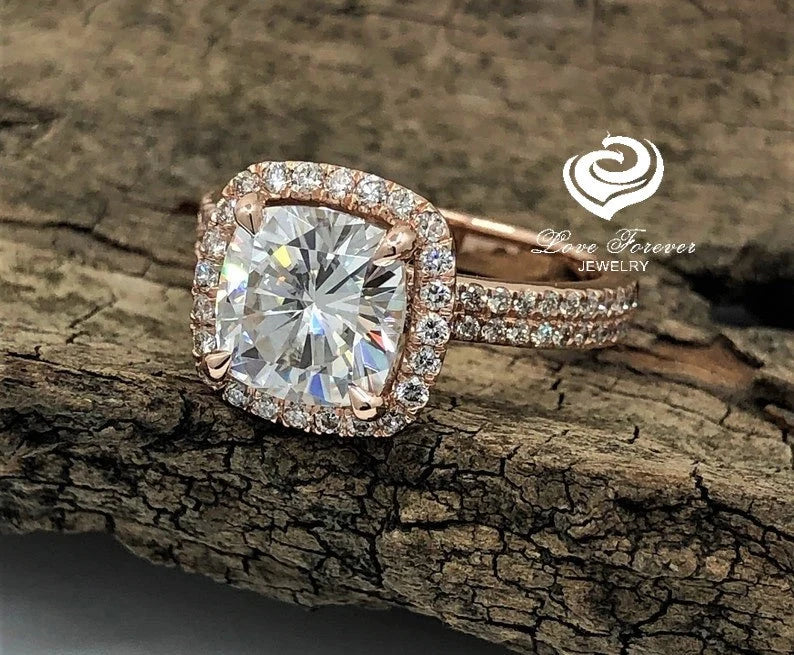 2.50 CT Cushion Cut Engagement Ring 14k Rose Gold, Forever One Moissanite Cushion Ring, Diamond Halo Engagement Ring, D-F Color Cushion Ring