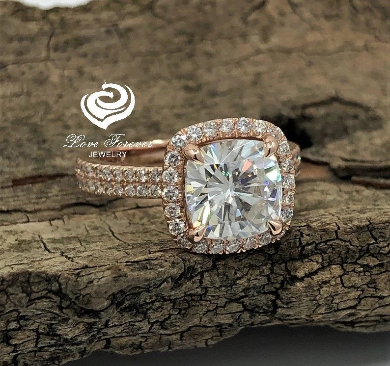 2.50 CT Cushion Cut Engagement Ring 14k Rose Gold, Forever One Moissanite Cushion Ring, Diamond Halo Engagement Ring, D-F Color Cushion Ring