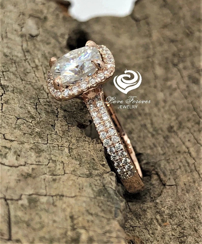 2.50 CT Cushion Cut Engagement Ring 14k Rose Gold, Forever One Moissanite Cushion Ring, Diamond Halo Engagement Ring, D-F Color Cushion Ring