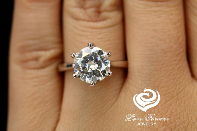 3 CT Round Engagement Ring in 14k White Gold, Forever One Moissanite Engagement Ring, Solitaire Anniversary Ring