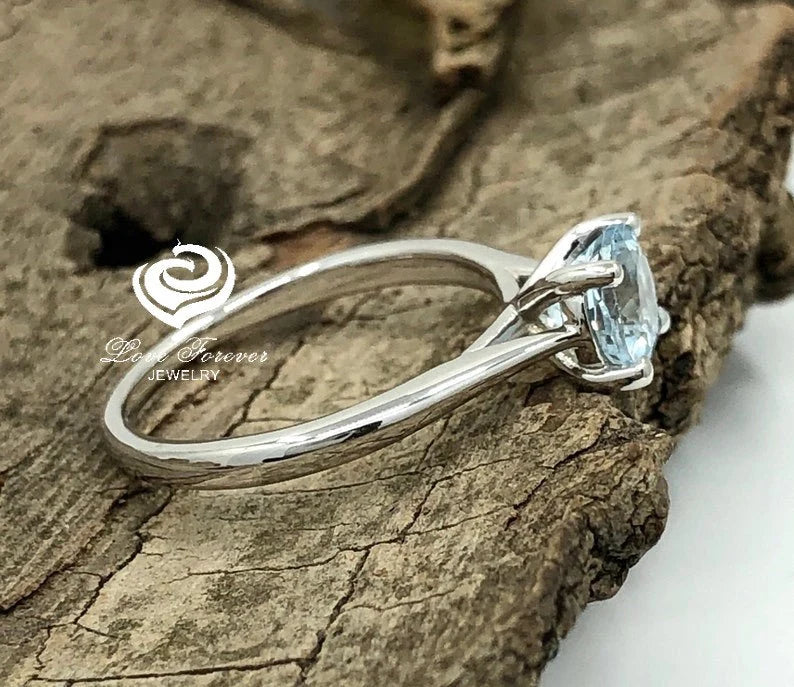 14k White Gold Engagement Ring Aquamarine Ring 6mm/0.80 Carats Round Cut Aquamarine Solitaire Ring Anniversary Ring Wedding Ring