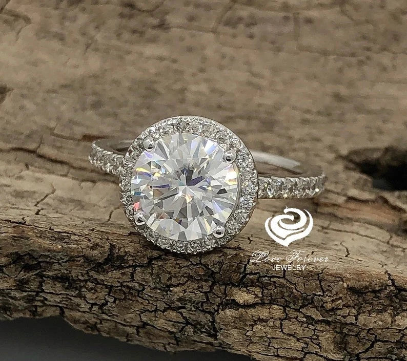 14k White Gold Diamond Ring Engagement Ring Forever One Moissanite Ring Certified 8mm/2ct Round Cut D-F Color Moissanite Halo Diamond Ring