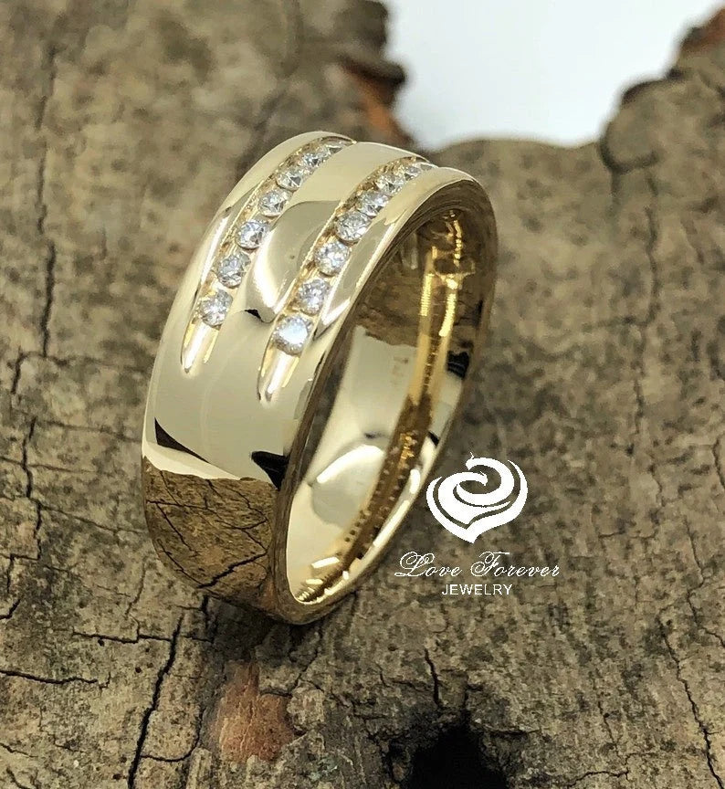 8mm Men's Diamond Wedding Band 14k Yellow Gold Matching Wedding Band Promise Ring Anniversary Ring Band