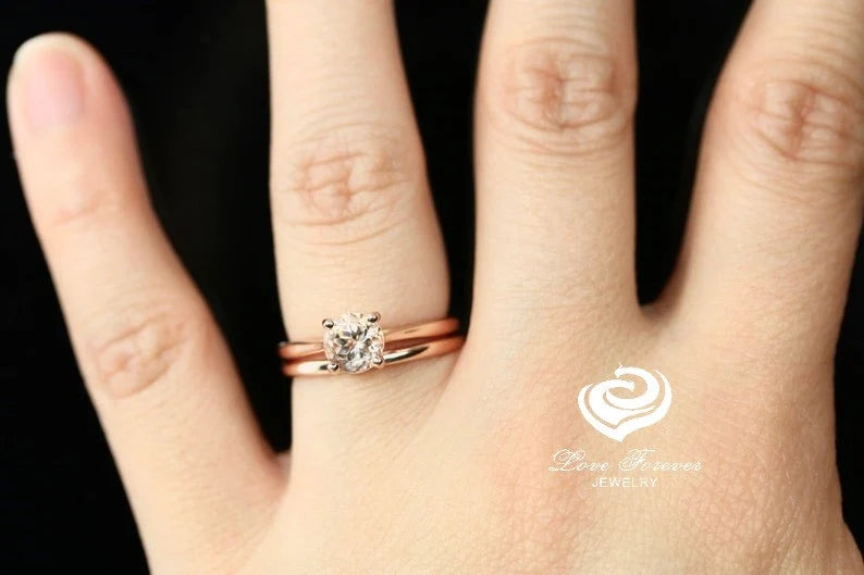 14k Rose Gold Wedding Set Bridal Set 6mm/0.90 Carats Round Cut Morganite Solitaire Engagement Ring Plain Solid Gold Wedding Band