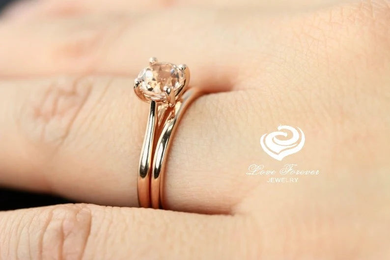 14k Rose Gold Wedding Set Bridal Set 6mm/0.90 Carats Round Cut Morganite Solitaire Engagement Ring Plain Solid Gold Wedding Band