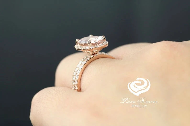 Oval Morganite Engagement Ring in 14k Rose Gold, Oval Cut Morganite Bridal Set, Rose Gold Morganite Ring, Oval Wedding Set, Diamond Ring Set