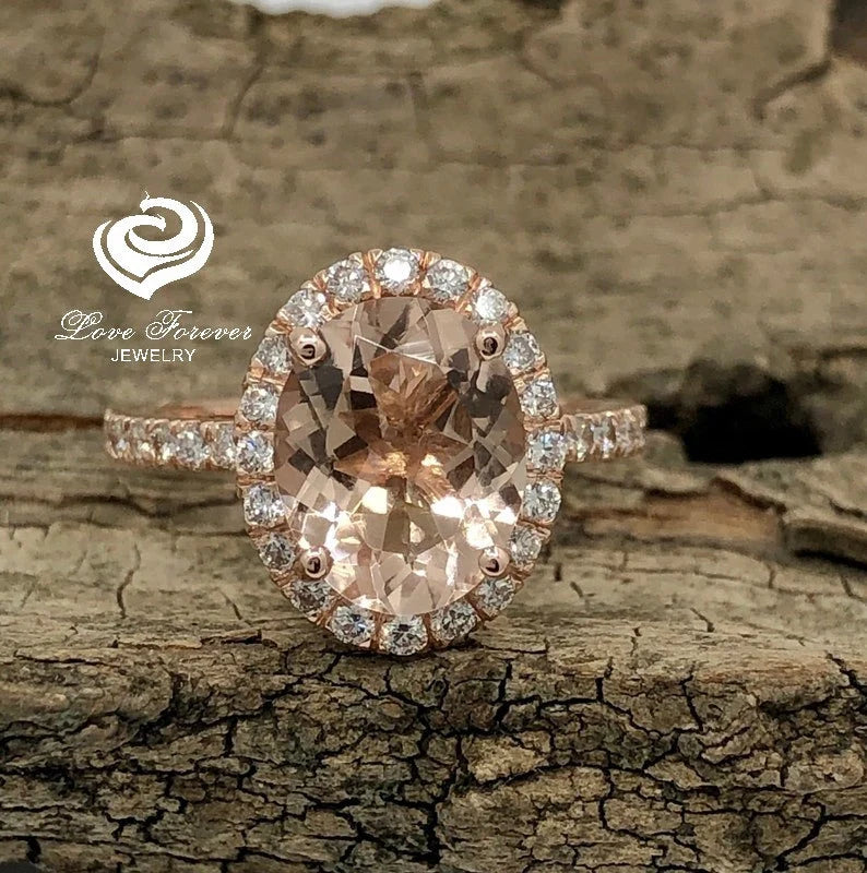 Oval Morganite Engagement Ring in 14k Rose Gold, Oval Cut Morganite Bridal Set, Rose Gold Morganite Ring, Oval Wedding Set, Diamond Ring Set