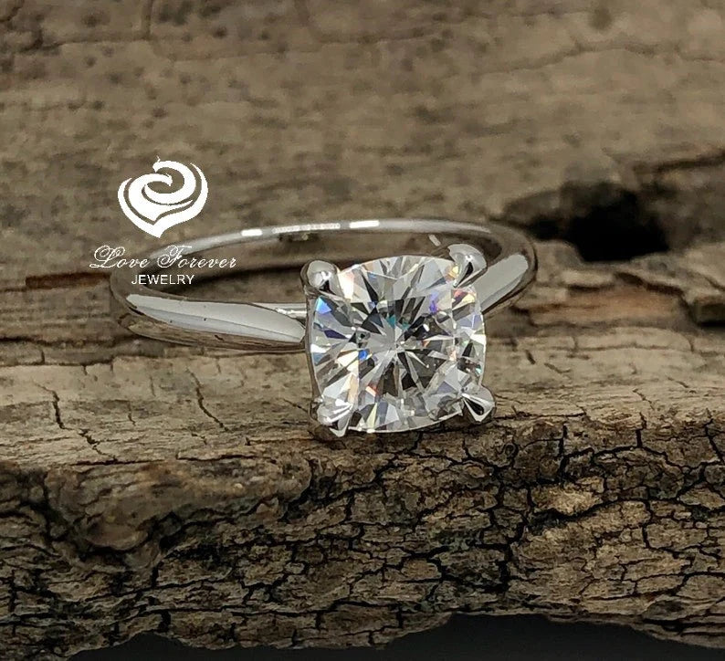 Cushion Cut Engagement Ring in 14k White Gold, Forever One Moissanite Engagement Ring, Cushion Solitaire Ring