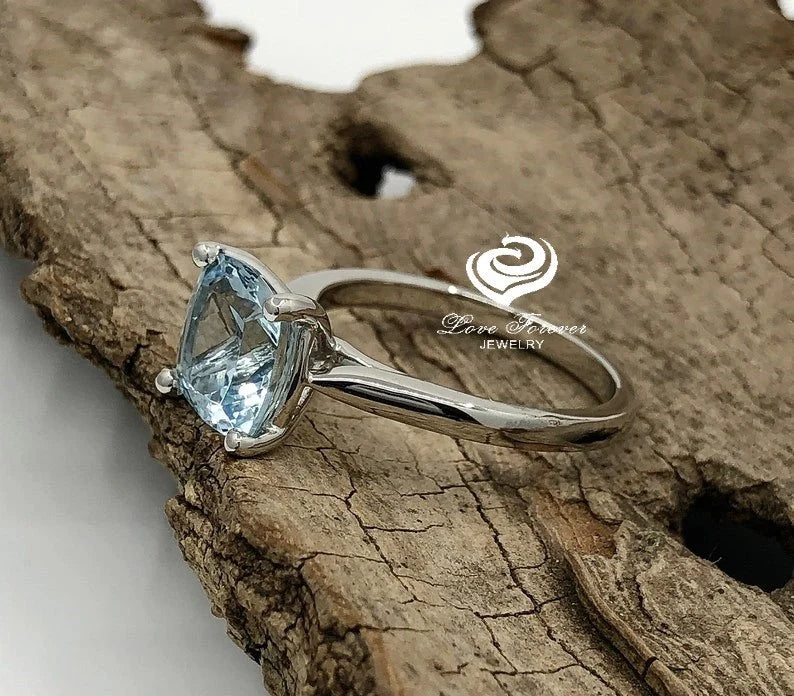 Cushion Engagement Ring 14k White Gold Aquamarine Ring 9mm Dark Blue Aquamarine Solitaire Ring Anniversary Ring Wedding Ring