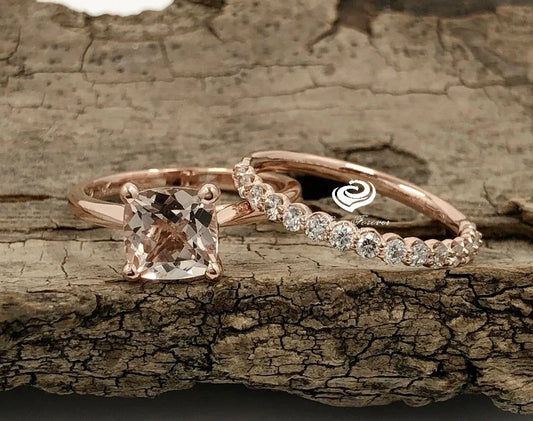 14k Rose Gold Morganite Cushion Wedding Set, Cushion Morganite Engagement Ring, Morganite Wedding Set, Morganite Engagement Ring, Diamond Ring