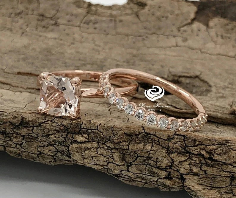 14k Rose Gold Morganite Cushion Wedding Set, Cushion Morganite Engagement Ring, Morganite Wedding Set, Morganite Engagement Ring, Diamond Ring