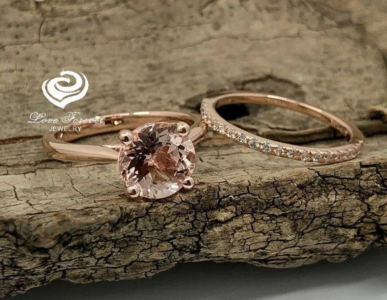 Rose Gold Morganite Round Cut Wedding Set, Round Morganite Engagement Ring, Morganite Wedding Set, Morganite Engagement Ring, Diamond Ring