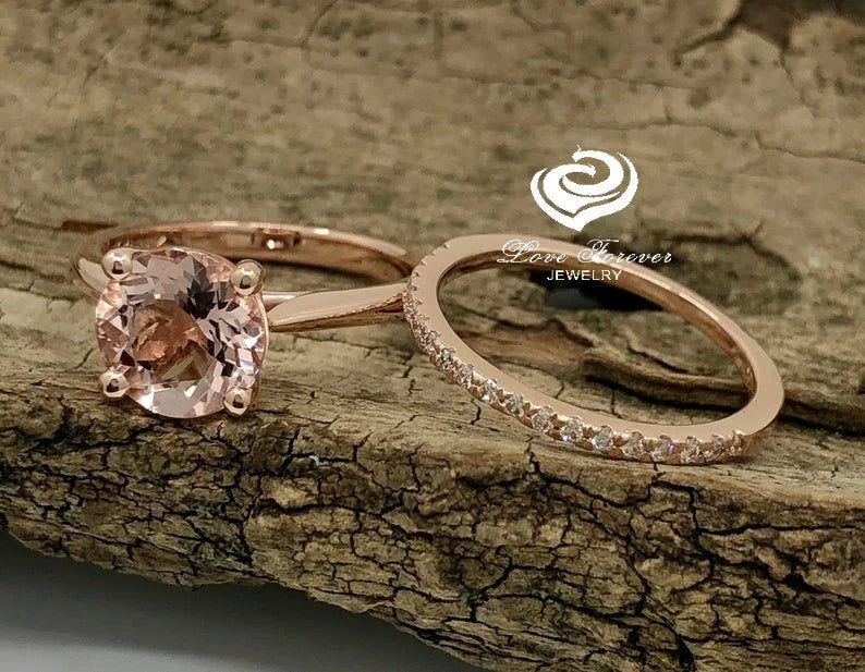 Rose Gold Morganite Round Cut Wedding Set, Round Morganite Engagement Ring, Morganite Wedding Set, Morganite Engagement Ring, Diamond Ring