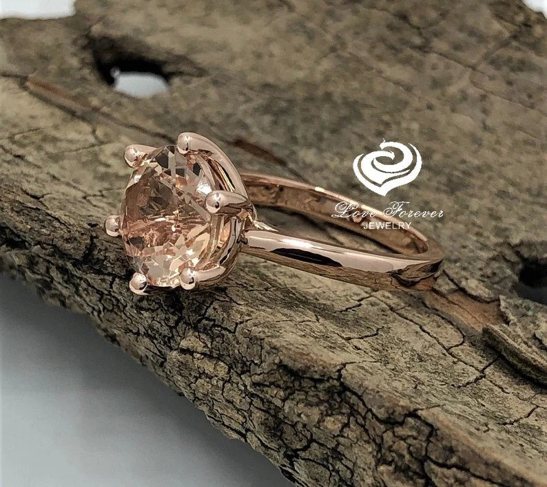 14k Rose Gold Solitaire Ring Morganite Ring Engagement Ring 9mm/2.60 Carats Round Cut Morganite Wedding Ring Anniversary Ring