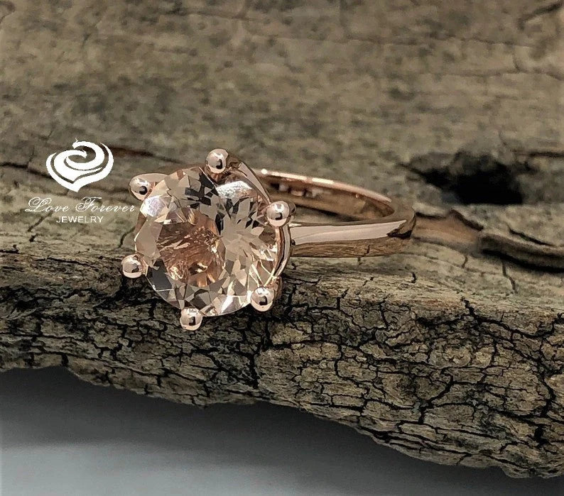 14k Rose Gold Solitaire Ring Morganite Ring Engagement Ring 9mm/2.60 Carats Round Cut Morganite Wedding Ring Anniversary Ring