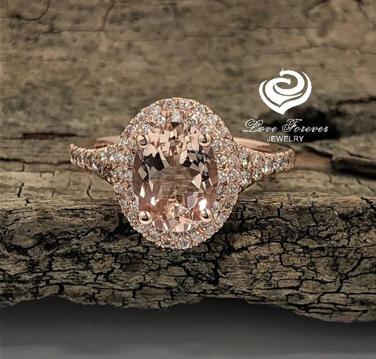 14k Rose Gold Diamond Ring Engagement Ring Morganite Ring 9x7mm/1.70 Carats Oval Cut Morganite Double Halo Diamond Anniversary Ring