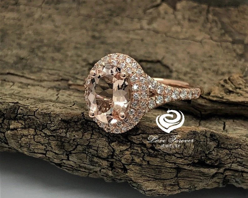 14k Rose Gold Diamond Ring Engagement Ring Morganite Ring 9x7mm/1.70 Carats Oval Cut Morganite Double Halo Diamond Anniversary Ring