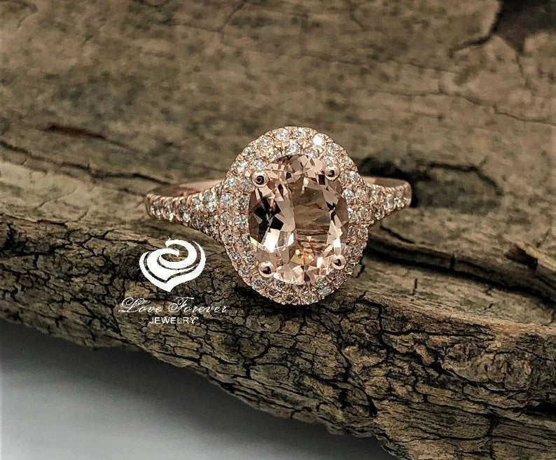 14k Rose Gold Diamond Ring Engagement Ring Morganite Ring 9x7mm/1.70 Carats Oval Cut Morganite Double Halo Diamond Anniversary Ring