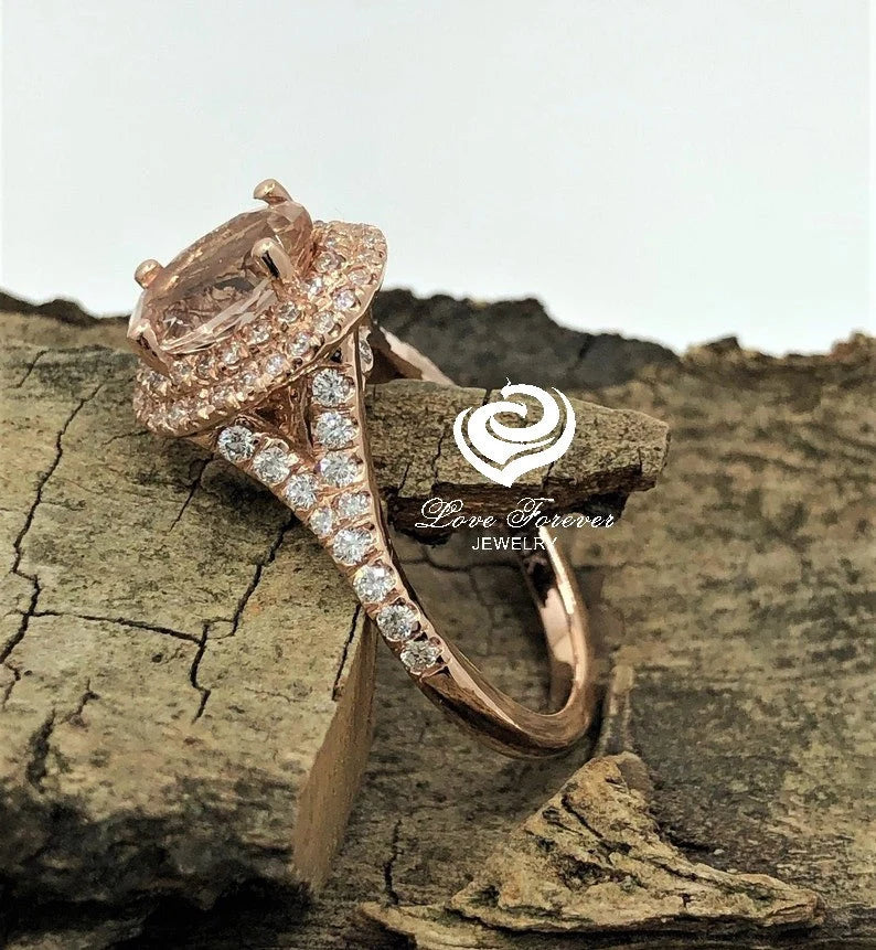 14k Rose Gold Diamond Ring Engagement Ring Morganite Ring 9x7mm