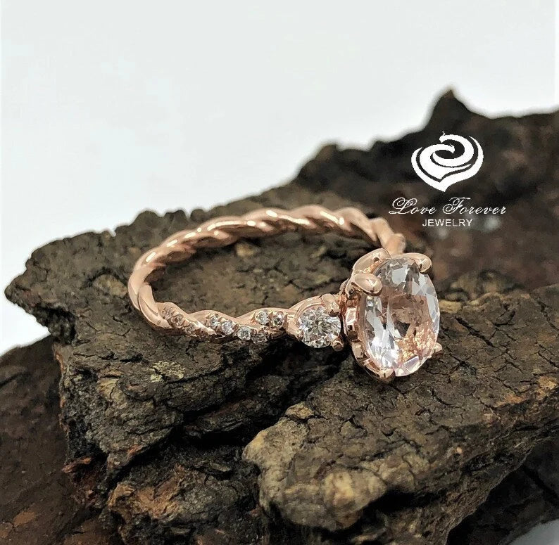 14k Rose Gold Engagement Ring Diamond Ring 8x6mm Oval Cut Morganite Ring Diamond Solitaire Ring Wedding Ring