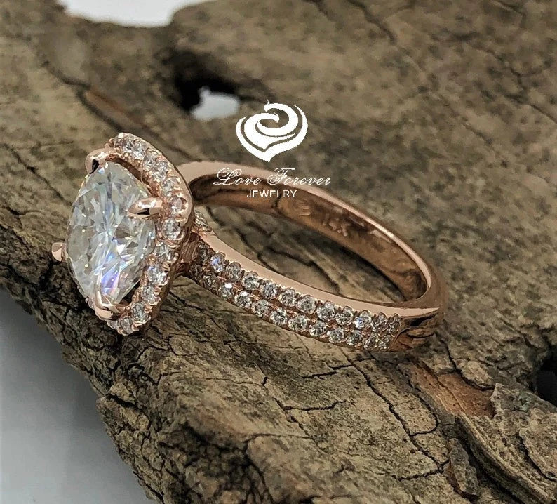 2.50 CT Cushion Cut Engagement Ring 14k Rose Gold, Forever One Moissanite Cushion Ring, Diamond Halo Engagement Ring, D-F Color Cushion Ring