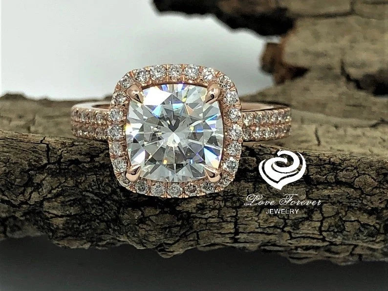 2.50 CT Cushion Cut Engagement Ring 14k Rose Gold, Forever One Moissanite Cushion Ring, Diamond Halo Engagement Ring, D-F Color Cushion Ring