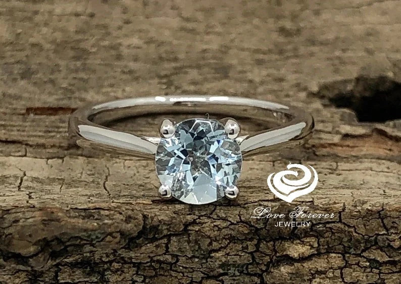 14k White Gold Engagement Ring Aquamarine Ring 6mm/0.80 Carats Round Cut Aquamarine Solitaire Ring Anniversary Ring Wedding Ring