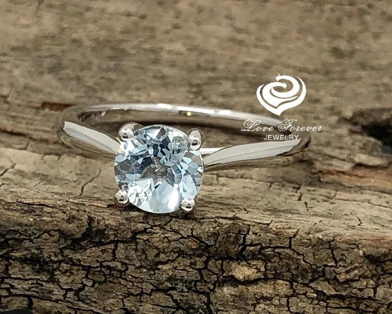 14k White Gold Engagement Ring Aquamarine Ring 6mm/0.80 Carats Round Cut Aquamarine Solitaire Ring Anniversary Ring Wedding Ring