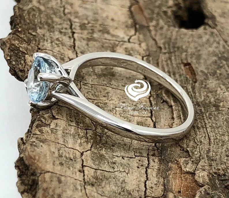 14k White Gold Engagement Ring Aquamarine Ring 6mm/0.80 Carats Round Cut Aquamarine Solitaire Ring Anniversary Ring Wedding Ring