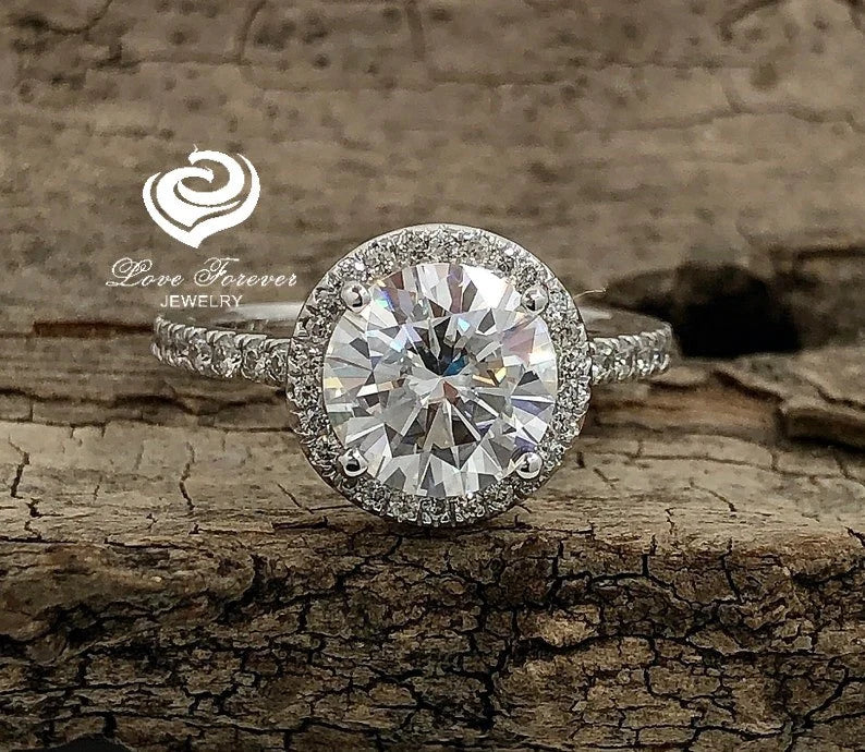 14k White Gold Diamond Ring Engagement Ring Forever One Moissanite Ring Certified 8mm/2ct Round Cut D-F Color Moissanite Halo Diamond Ring