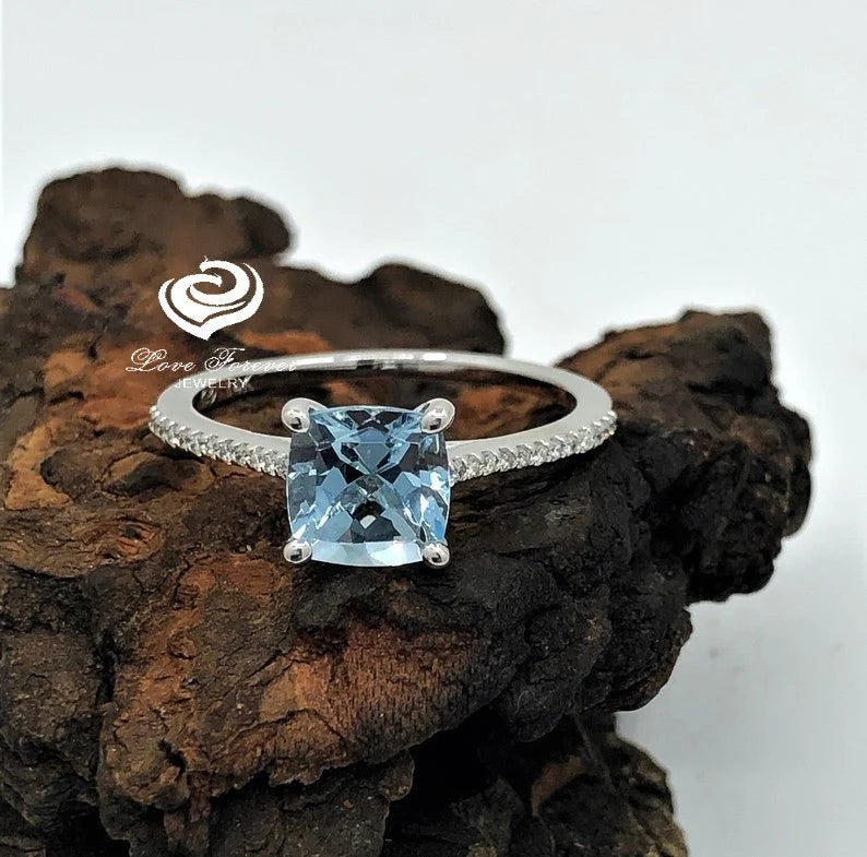 14k White Gold Diamond Ring Engagement Ring 7mm/1.20 Carats Cushion Cut Dark Blue Aquamarine Diamond Anniversary Ring