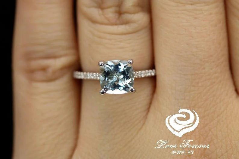 14k White Gold Diamond Ring Engagement Ring 7mm/1.20 Carats Cushion Cut Dark Blue Aquamarine Diamond Anniversary Ring