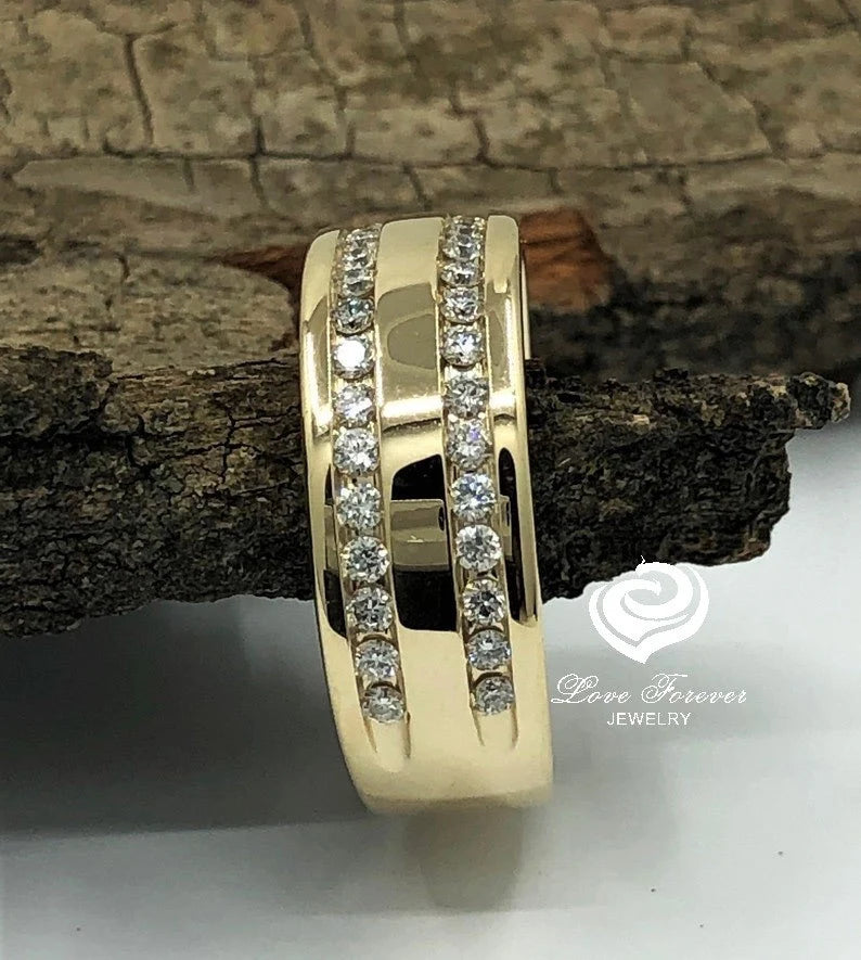 8mm Men's Diamond Wedding Band 14k Yellow Gold Matching Wedding Band Promise Ring Anniversary Ring Band