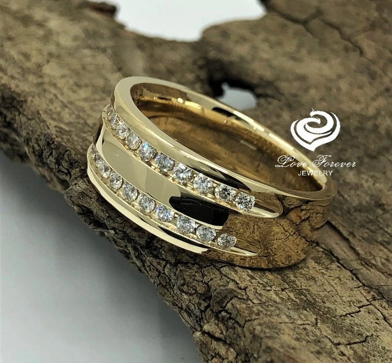 8mm Men's Diamond Wedding Band 14k Yellow Gold Matching Wedding Band Promise Ring Anniversary Ring Band