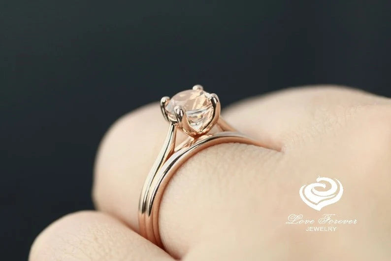 14k Rose Gold Wedding Set Bridal Set 6mm/0.90 Carats Round Cut Morganite Solitaire Engagement Ring Plain Solid Gold Wedding Band