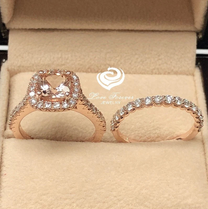 Morganite Bridal Set In 14K Rose Gold, Morganite Cushion Engagement Ring, Cushion Diamond Halo Ring, Diamond Wedding Set