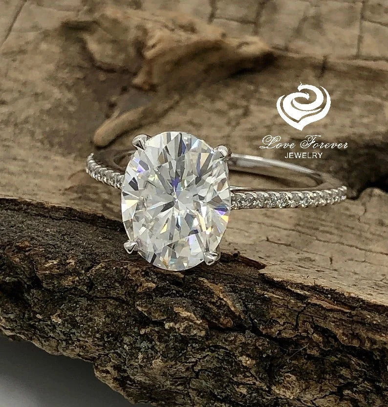 3 CT Forever One Engagement Ring 14k White Gold, Oval Cut Engagement Ring, Oval Moissanite Engagement Ring