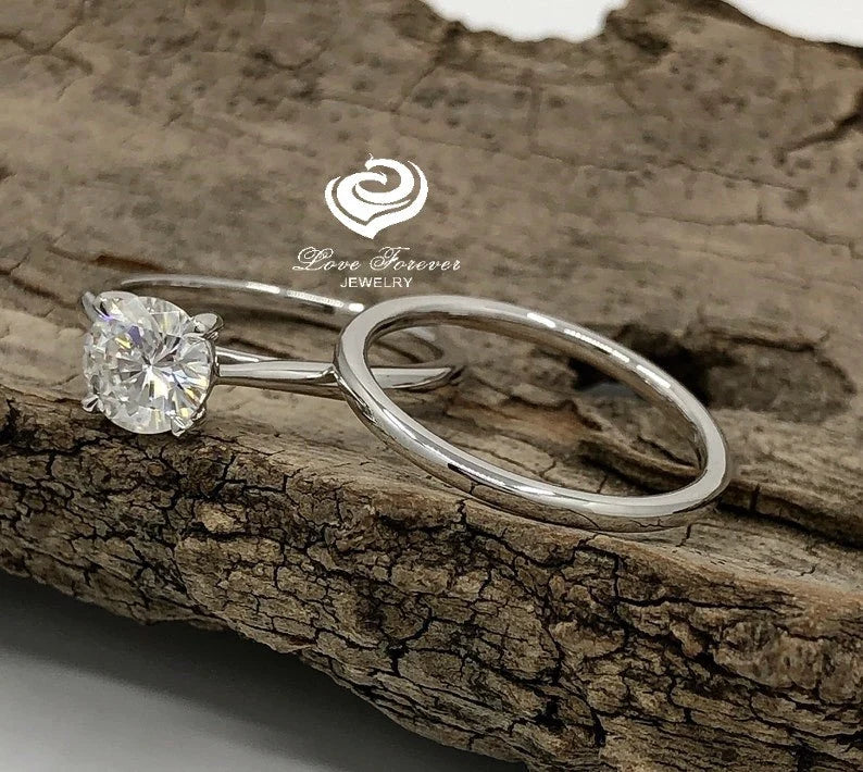 Round Engagement Ring Set In 14k White Gold, Simple Moissanite Wedding Set, Round Forever One Moissanite Engagement Ring, Wedding Set