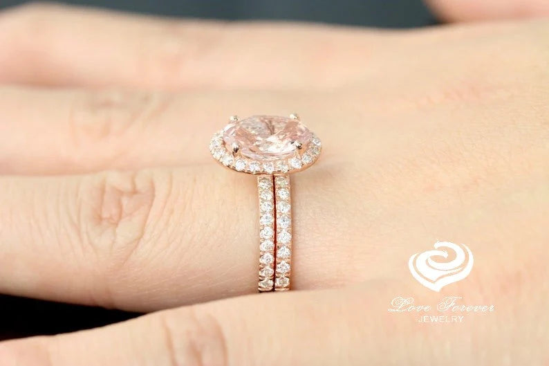 Oval Morganite Engagement Ring in 14k Rose Gold, Oval Cut Morganite Bridal Set, Rose Gold Morganite Ring, Oval Wedding Set, Diamond Ring Set