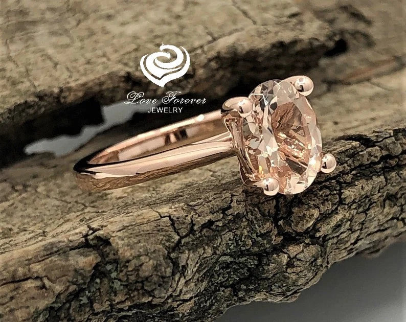 14k Rose Gold Solitaire Ring Engagement Ring Morganite Ring 8x6mm Oval Cut Morganite Wedding Ring Anniversary Ring