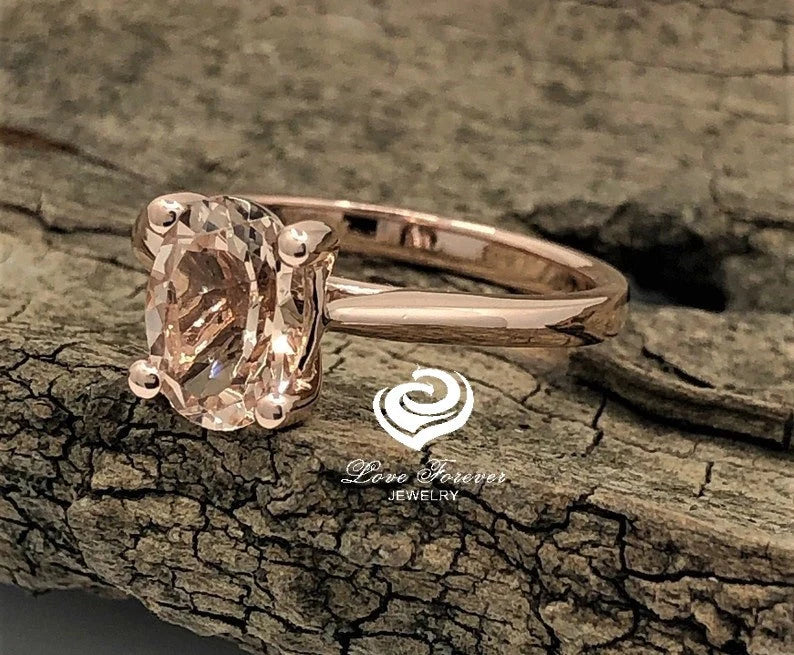 14k Rose Gold Solitaire Ring Engagement Ring Morganite Ring 8x6mm Oval Cut Morganite Wedding Ring Anniversary Ring