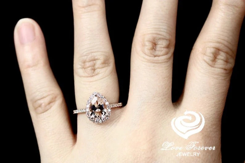 Pear Cut Engagement Ring in 14k Gold Diamond Ring Morganite Ring 10x7mm Pear Cut Morganite Halo Diamond Wedding Ring