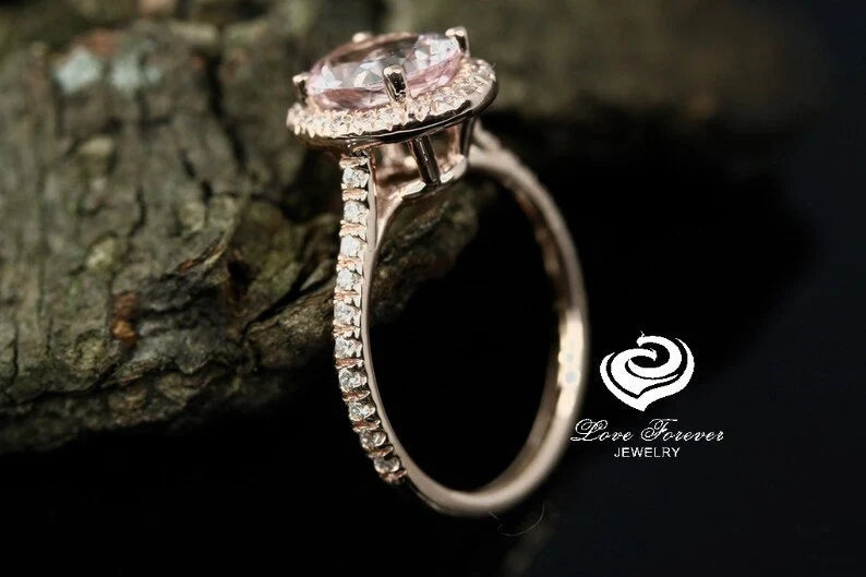 14k Rose Gold Engagement Ring Diamond Ring 9x7mm/1.70 Carats Oval Cut Morganite Ring Halo Diamond Wedding Ring Anniversary Ring