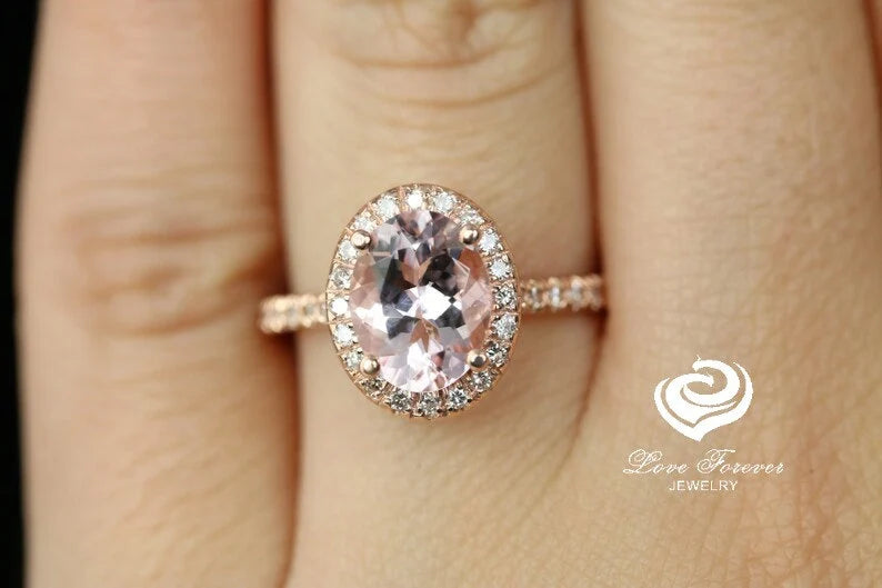 14k Rose Gold Engagement Ring Diamond Ring 9x7mm/1.70 Carats Oval Cut Morganite Ring Halo Diamond Wedding Ring Anniversary Ring