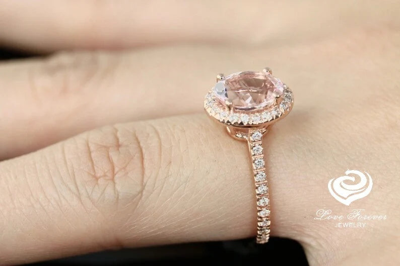 14k Rose Gold Engagement Ring Diamond Ring 9x7mm/1.70 Carats Oval Cut Morganite Ring Halo Diamond Wedding Ring Anniversary Ring