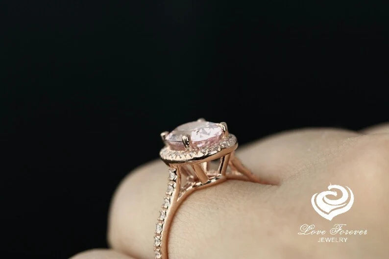 14k Rose Gold Engagement Ring Diamond Ring 9x7mm/1.70 Carats Oval Cut Morganite Ring Halo Diamond Wedding Ring Anniversary Ring