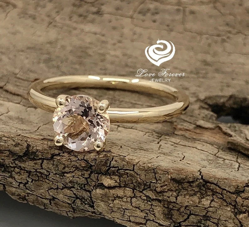 14k Yellow Gold Engagement Ring Solitaire Ring Morganite Ring 7mm/1.30 Carats Round Cut Morganite Wedding Ring Anniversary Ring