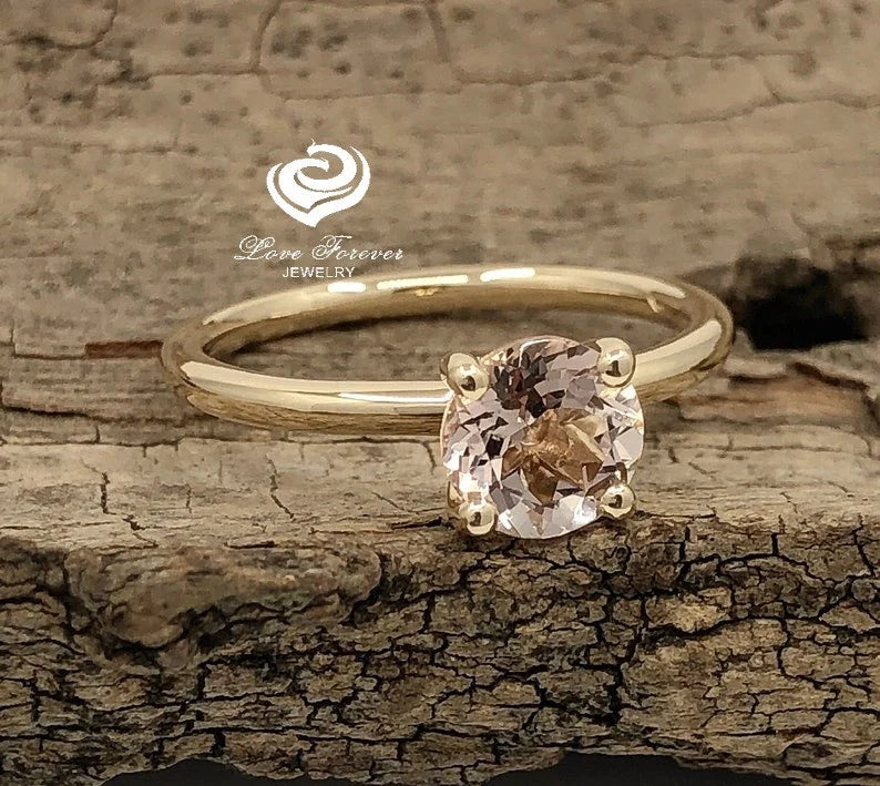 14k Yellow Gold Engagement Ring Solitaire Ring Morganite Ring 7mm/1.30 Carats Round Cut Morganite Wedding Ring Anniversary Ring