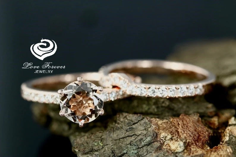 Morganite Engagement Ring Set In 14K Rose Gold, Morganite Round Engagement Ring, Rose Gold Morganite Bridal Set