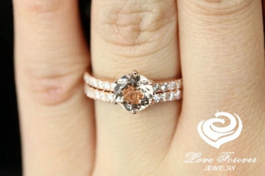 Morganite Engagement Ring Set In 14K Rose Gold, Morganite Round Engagement Ring, Rose Gold Morganite Bridal Set